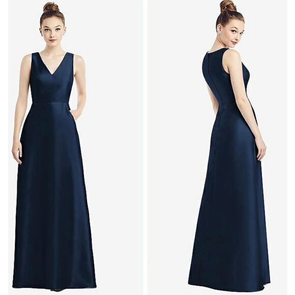 Alfred Sung NWT Gown Maxi Dress NWT Satin V-Neck Pockets D778 Midnight Sz 14 - Picture 2 of 11